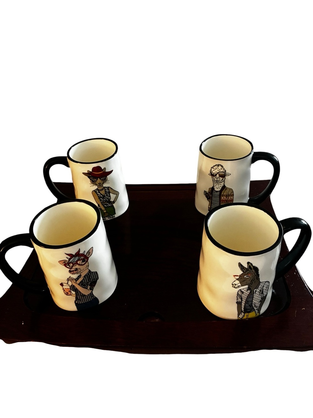 Signature Cream & Black Animal Character Ceramic Mugs - Set of 4